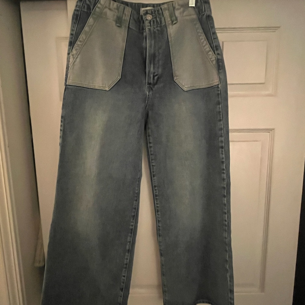 PAIGE Two-Tone Blue Flare Jeans - Picture 3 of 8